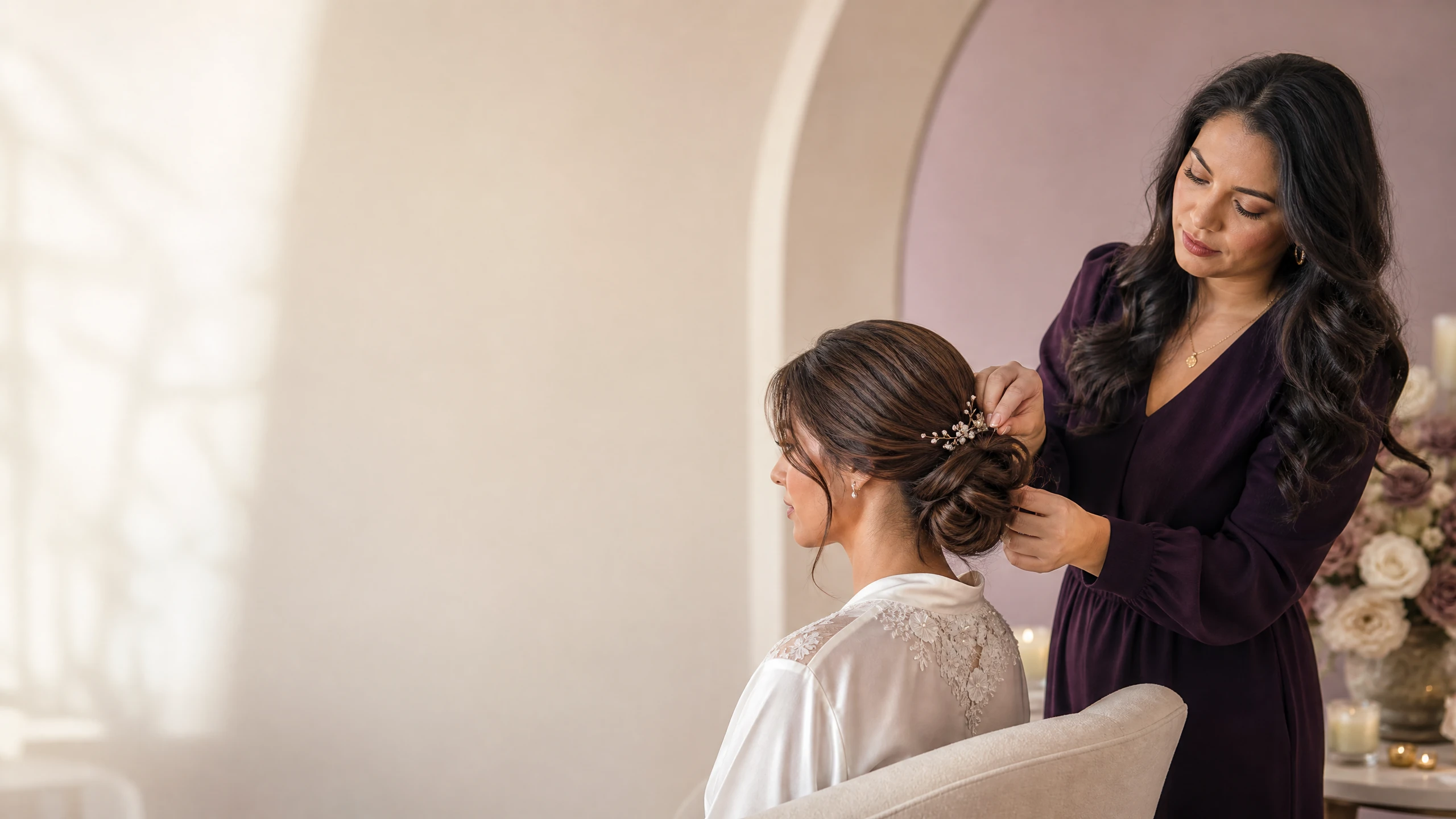 Profesional creando un recogido elegante para una novia